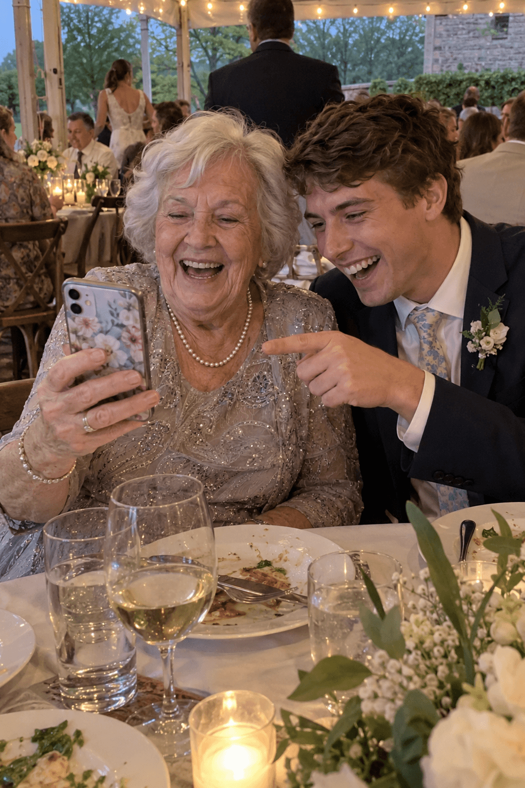 A grandmother laughs at her phone while her grandson points at the screen